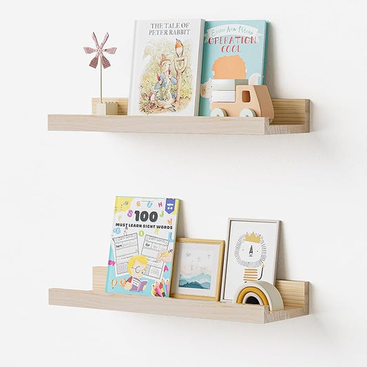 Floating Shelves for Wall, 16 inch Solid Wood Picture Ledge Shelf, Picture Shelf for Wall with Ledge, Floating Book Shelves for living room Bedroom Kitchen Nursery Decor, Natural Unfinished, Set of 2-NeatNest