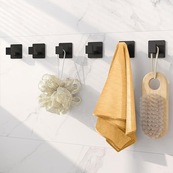 6 Pack Towel Hooks for Bathrooms Adhesive, Heavy Duty Shower Hooks for Inside Shower Wall, Stick on Self Adhesive Hooks for Robe Towel Coat, Bath Towel Hanger for Wall Kitchen Closet RV (Black)