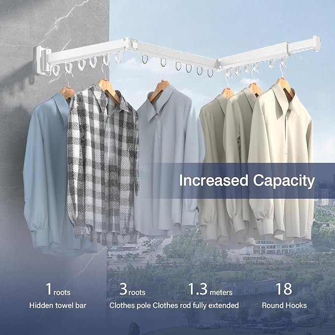 Clothes Drying Rack, Wall Mounted Clothes Hanger Rack Collapsible(Tri-Fold), Space Saver Clothes Rack for Laundry Balcony Mudroom Bedroom,White