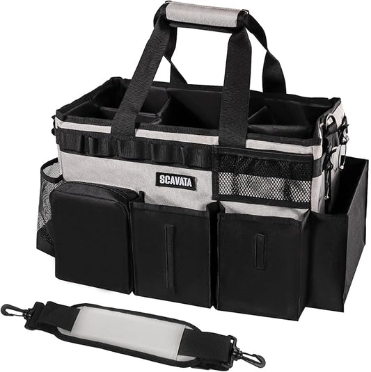 Wearable Cleaning Caddy Bag, Cleaning Caddy Supplies Organizer with Handle & Shoulder Straps for Housekeepers, Under Sink & Car Cleaning Tool Organizers with 4 Foldable Divider (Grey)