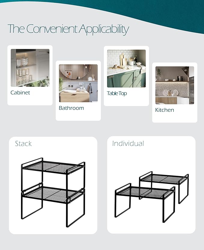2Pack Kitchen Cabinet Shelf Counter Organizer Rack Pantry Storage Bathroom Bedroom Office Table Desk Space Saving Stackable Rust Resistant Non Slip Black Wide L13.1in W10.6in H7.3in-NeatNest