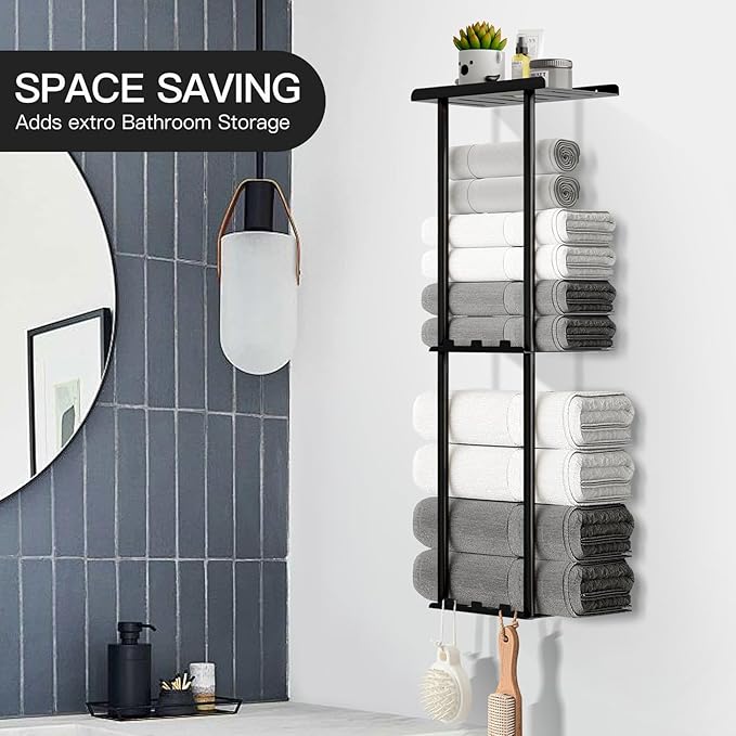 Towel Racks for Bathroom, 3 Tier Metal Towel Holder, with Shelf & 6 Hooks, 29 inch Wall Mounted Towel Storage, 6 Large Bath Towels Capacity,Small Bathroom Towel Rack for Rolled Towels, Black