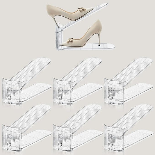 Adjustable Shoe Slots Organizer,6PACK Transparent Shoe Stackers Shoe Rack Holder Shoe Space Savers Double Layer Stack Shoe Racks for Closet Organization(Transparent)-NeatNest