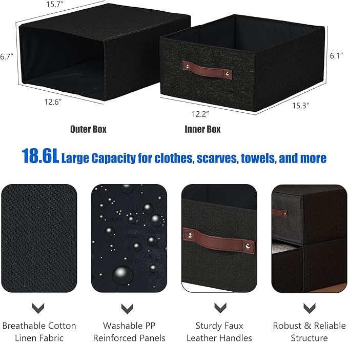 Closet Drawer Organizer Stackable Fabric Storage Boxes Bins Baskets with Lid PU Leather Handles Foldable Washable Cotton Linen Wardrobe Shelf Clothes Towels Container (Black, Large)-NeatNest