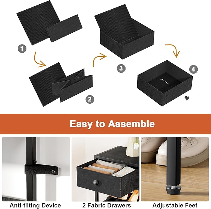 Shoe Rack, 5 Tier Shoe Organizer with 3 Drawers, Metal Shoe Storage for 24-30 Pairs of Shoes with Fabric Shelves and Wooden Top, Narrow Shoe Shelf for Closet Entryway Black-NeatNest