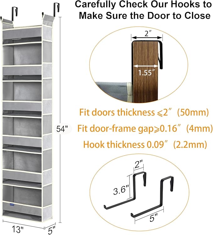 2 Pack Over The Door Hanging Organizer 6-Shelves and 12 Side Pockets, Over The Door Storage for Bathroom and Bedroom, Back of Door Organizers for Baby Products and Kid's Toys(13"x5"x54" Grey)