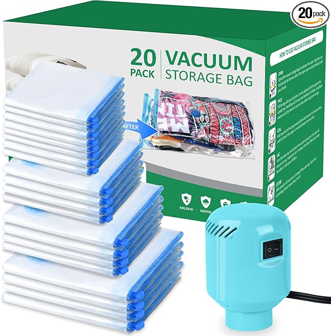 ZPP Vacuum Storage Bags with Electric Pump, 20 Pack (4 Jumbo, 4 Large, 4 Medium, 4 Small, 4 Roll Up Bags) Vacuum Seal Bags for Clothes, Mattress, Blanket, Comforters, Travel, Moving-NeatNest