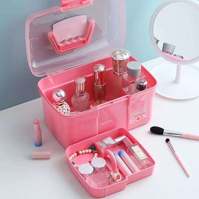 11'' Plastic Storage Box with Removable Tray, Multipurpose Organizer and Storage Case for Art Craft and Cosmetic (Pink)