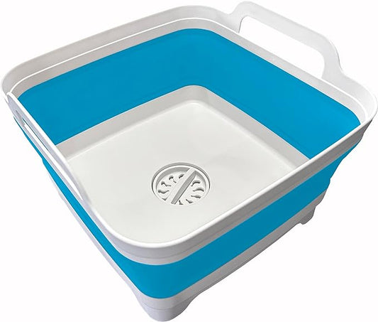 9L (2.4Gallon) Dish Basin Collapsible with Drain Plug Carry Handles , Space Saveing Kitchen Storage Tray Dish Wash Basin, Portable Dish Tub for Camping ,RV,Blue
