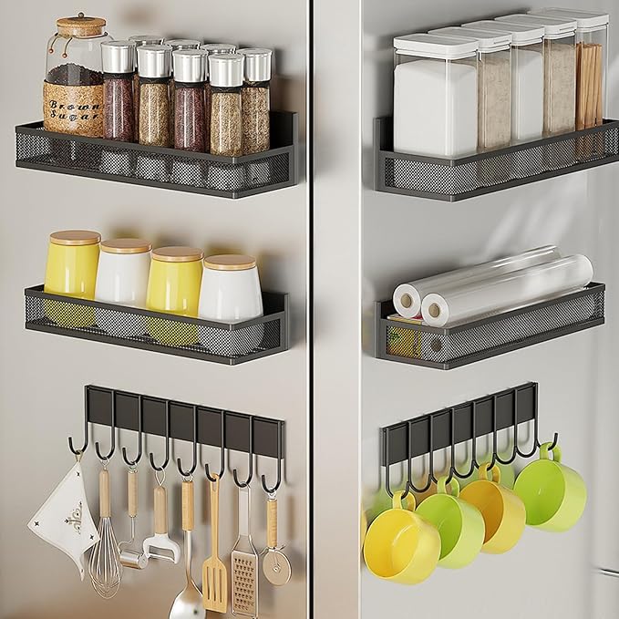 3-Pack Magnetic Spice Rack for Refrigerator - Heavy Duty Metal Kitchen Organizer with Hooks, Space-Saving Cabinet Storage, Rustproof & Easy to Clean