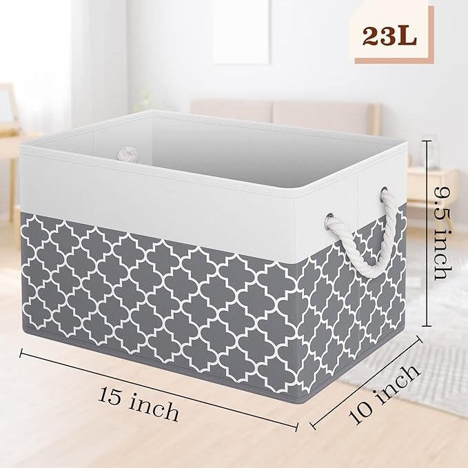 Fab totes Storage Bins [4-Pack], Foldable Storage Baskets for Organizing Toys, Books, Shelves, Closet, Large Storage Box with Rope Handles, Sturdy Organizer Bins,Clover Grey-NeatNest