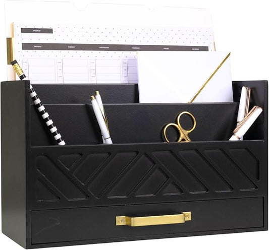 BLU MONACO Black Mail Organizer with Drawer and Gold Handle – Desktop Mail Holder and Office Supplies Storage – Home Office Desk Accessories – Letter Sorter and Paper Organizer-NeatNest