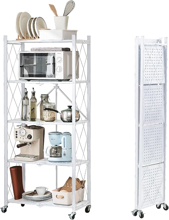 BRIAN & DANY 5-Tier Foldable Storage Shelves with Wheels, Folding Metal Rack Shelving Unit, Heavy Duty No Assembly Organizer Shelf for Garage, Kitchen, Basement, Pantry, White-NeatNest