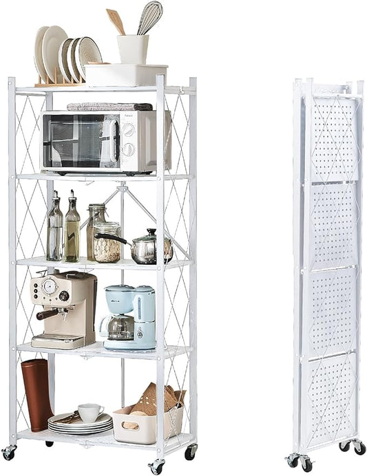 BRIAN & DANY 5-Tier Foldable Storage Shelves with Wheels, Folding Metal Rack Shelving Unit, Heavy Duty No Assembly Organizer Shelf for Garage, Kitchen, Basement, Pantry, White-NeatNest