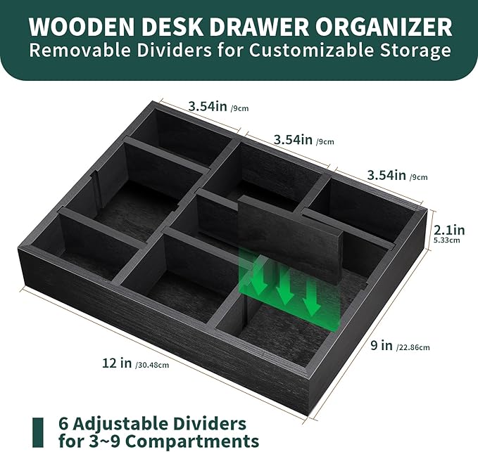 Desk Drawer Organizer Tray with 9 Adjustable Compartments, Wooden Office Desk Accessories Supplies Organization Storage for Desktop Bathroom Vanity Makeup Black-NeatNest