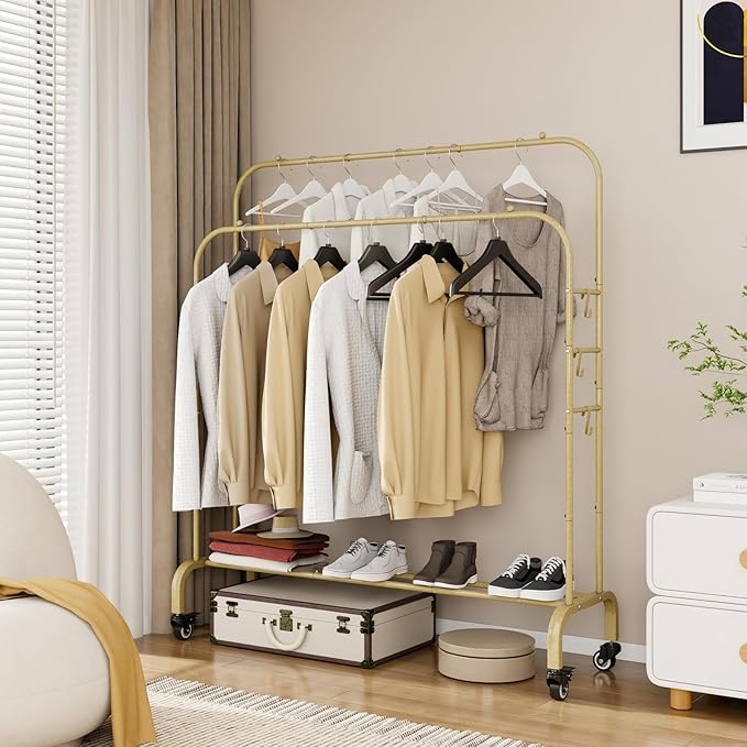Garment Rack with Wheels Clothing Rack for Hanging Clothes Multi-functional Bedroom Clothes Rack，Gold+Double Rods-NeatNest