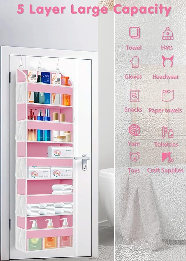 1 Pack Over The Door Storage Organizer with 5 Pockets 10 Mesh Pockets, 44 lbs Weight Capacity Door Hanging Organizers and Storage for Bedroom,Bathroom,Nursery,Kidroom,Babyroom-NeatNest