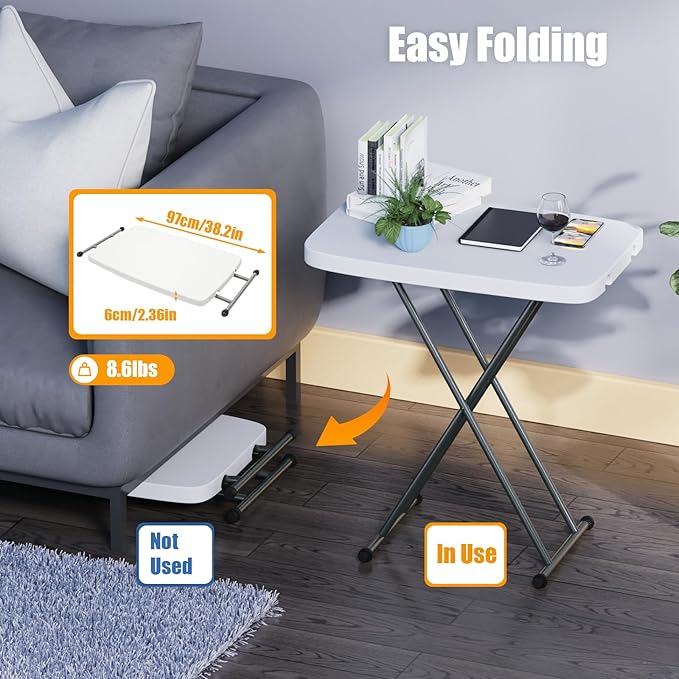 30" Square Folding Laptop Table,Small Computer Desk,Adjustable Folding Table Tray,Stable Snack Table for Small Space, Fit Indoor Dining/Place The Computer, White