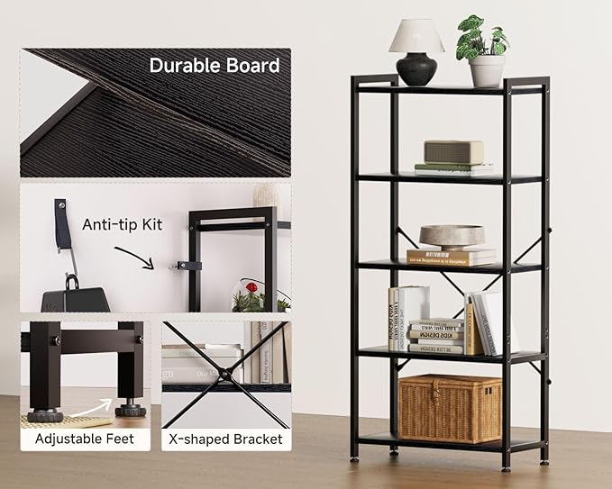 Casaottima Book Shelf, 5 Tier Bookshelf, Modern Wood Bookcase Shelves for Bedroom, Industrial Display Shelf for Living Room Home Office Kitchen, Standing Shelving Unit Storage Organizer, Black-NeatNest