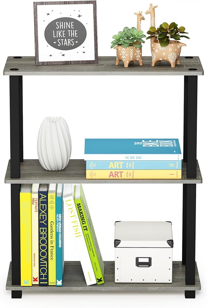 Furinno Turn-S-Tube 3-Tier Compact Multipurpose Shelf Display Rack with Square Tube, French Oak Grey/Black-NeatNest