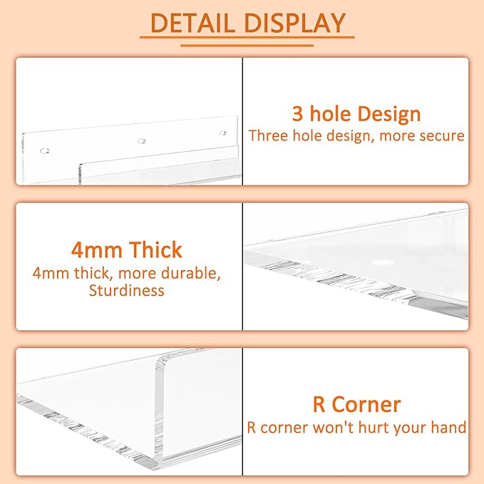 12'' Clear Acrylic Wall Shelf 2 Pack, Tranparent Perspex Floating Shelves, Acrylic Shelf for Bedroom, Living Room, Dining Room, Kitchen, Bathroom, Dining Room-NeatNest