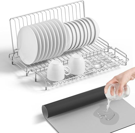 Dish Drying Rack Stainless Steel Collapsible Foldable Dish Rack Countertop Portable Drainer with Drying Mat for Kitchen Dorm RV Campers Travel Trailer Space Saving