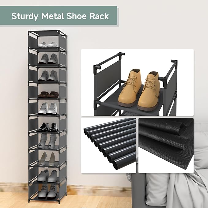 Vertical Narrow Tall Shoe Rack for Front Door Entrance,10 Tiers Sturdy Metal Shoe Rack Organizer for Closet Entryway, Storage Shelf, Space Saving Stackable Shoe Tower-NeatNest