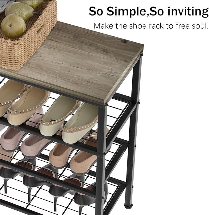 4-Tier Metal Shoe Rack with Wood Top - Durable & Space-Saving Shoe Organizer,Industrial Shoe Organizer Shelf Bench Storagefor Closet Entryway, Bedroom & Hallway - Gray + Black 28.5 W × 25.5" H-NeatNest