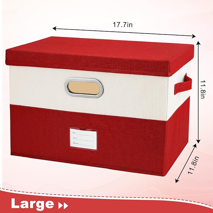 Large Linen Fabric Foldable Storage Bins with Removable Lid and Handles, Washable Storage Box Organizer Containers Baskets Cube with Cover for Bedroom,Office(Red&Cream, Large(2-Pack))-NeatNest