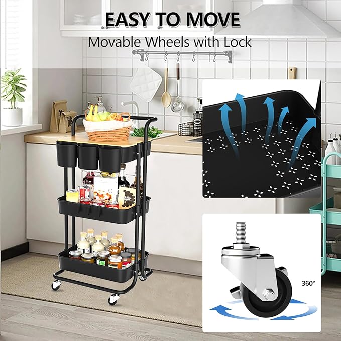 3 Tier Rolling Cart with Metal Handle, Table Top, Hanging Cups, Hooks, Plastic Storage Baskets& Wheels Lockable, Utility Cart for Bathroom Classroom Office Kitchen Pantry Organizers and Storage, Black-NeatNest