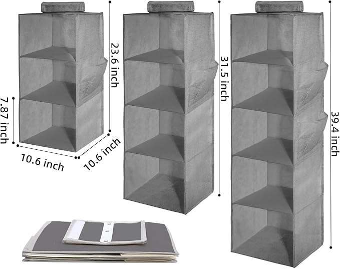 2 Packs Hanging Closet Organizer 3-Shelf Hanging Shelves Collapsible Hanging Storage Shelf for Bedroom College Dorm Pantry Camper RV, Grey-NeatNest