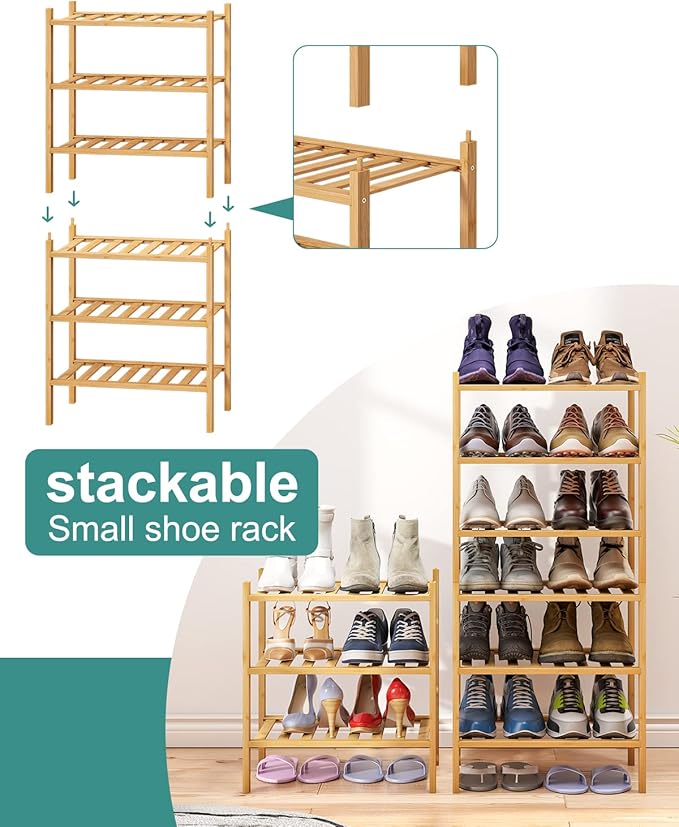 Small Shoe Rack, 6-Tier Shoe Shelf for Entryway, Bamboo Wood Shoe Rack for Closet & Hallway, Long 17.2IN | Beautiful | Functional | Sturdy | Durable-NeatNest