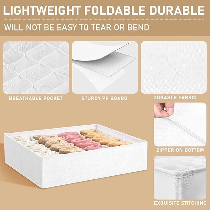 Criusia 3 Pack Sock Underwear Drawer Organizer Dividers, 64 Cell Fabric Foldable Cabinet Closet Organizers and Storage Boxes for Storing Socks, Panties, Ties (16+24+24 Cell, White)-NeatNest