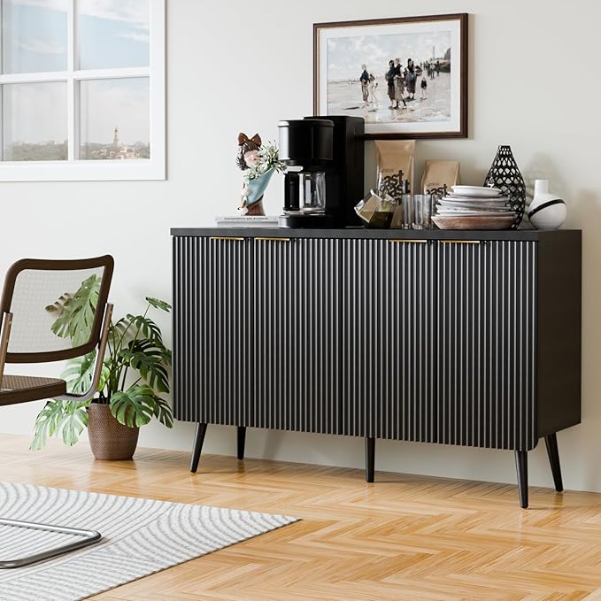 47.2" Sideboard Buffet Cabinet with Storage, Modern Fluted Accent Credenza with 4 Doors, Buffet Media Console Entryway Cabinets with Adjustable Shelves for Living Dining Room Hallway, Black-NeatNest