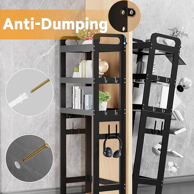 3 Tiers Over The Toilet Storage Shelf, Space Saver Bathroom Organizer Shelves with Toilet Paper Holder and Hooks, Freestanding Toilet Rack for Washroom Balcony (Black)
