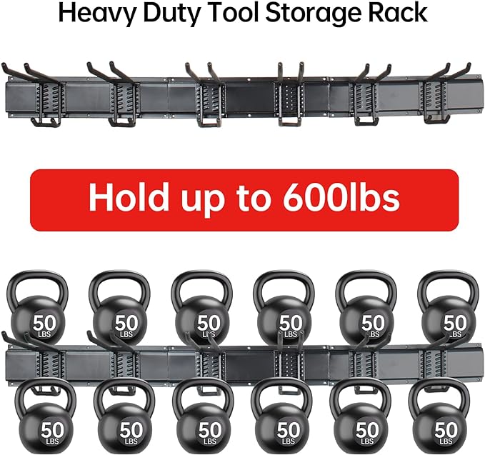 Garage Storage Rack Hooks, 48 Inch Heavy Duty Wall Mount Garage Organization with 3 Rails and 6 Adjustable Double Wall Hooks,Hanging Shelves for Garden Tool/Broom/Mop(Black)