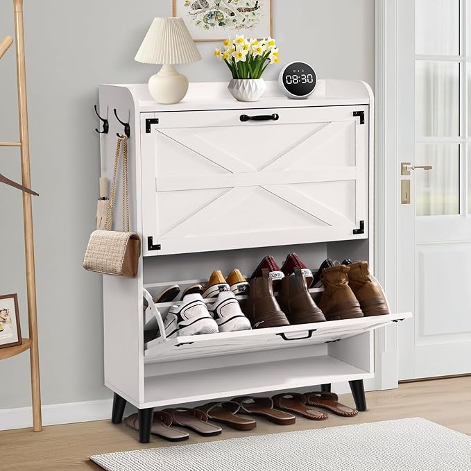 Shoe Cabinet Storage for Entryway - Narrow Shoe Storage Cabinet with 2 Flip Drawers, Farmhouse Shoe Organizer for Entryway Slim Hidden Shoe Rack Cabinet with Hooks for Hallway Foyer Garage-NeatNest