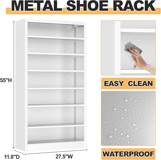Shoe Cabinet,7 Tiers Heavy Duty Metal Freestanding Shoe Rack,55" Tall Shoe Cabinet with Open Storage for Entryway (White, 7 Tier-55 H*27.6" W*11.8" D)-NeatNest
