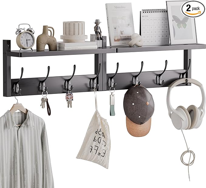 Coat Rack with Shelf, 2 Pack Bamboo Wall-Mounted Coat Hanger with 8 Hooks for Entryway, Hallway, Kitchen, Bathroom, Living Room, Utility Room (Black)-NeatNest