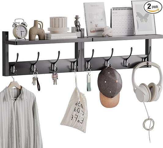 Coat Rack with Shelf, 2 Pack Bamboo Wall-Mounted Coat Hanger with 8 Hooks for Entryway, Hallway, Kitchen, Bathroom, Living Room, Utility Room (Black)-NeatNest