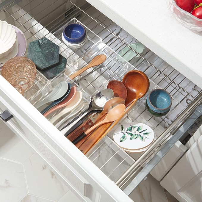 Chunful Clear Drawer Organizer 2 Pieces 6 Section Clear Desk Organizer with Dividers 3 Section Acrylic Makeup Tray Divided Drawer Inserts Sectioned Tray Makeup Storage-NeatNest