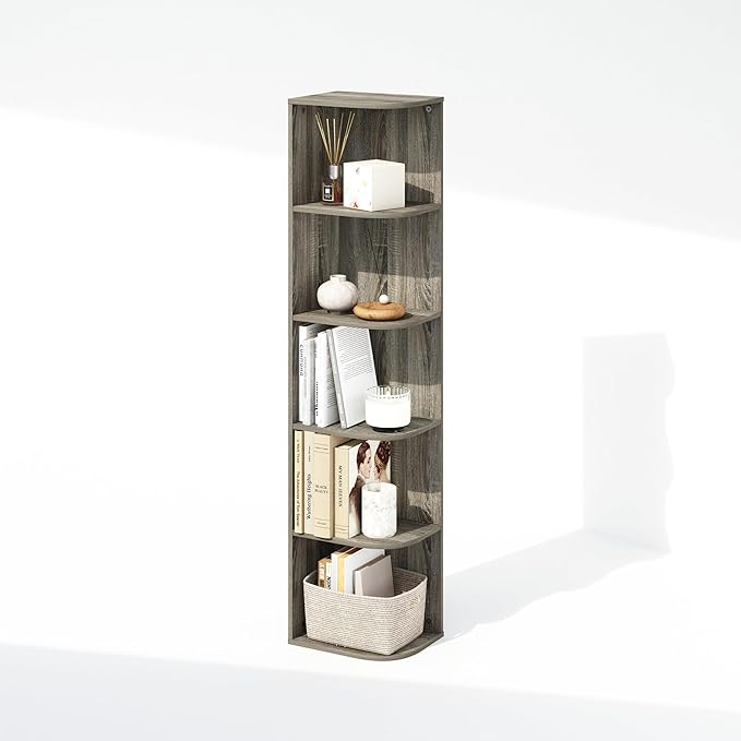 Furinno Reed 5-Tier Space Saving Corner Storage Display Shelf, French Oak-NeatNest