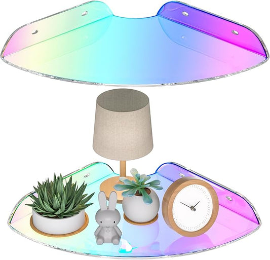 7x7 Inch Corner Shelf Wall Mount Set of 2, Iridescent Acrylic Corner Floating Shelves, Corner Wall Organizer Shelf for Bathroom, Kitchen, Bedroom, Living Room, Dining Room, Office