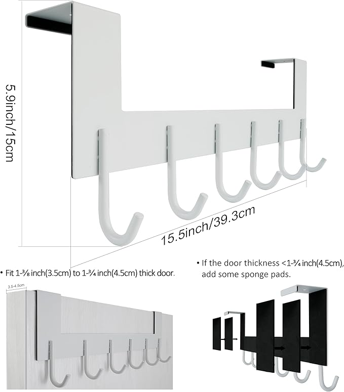 WEBI Over The Door Hook for Hanging Door Hanger:Over The Door Towel Rack,Door Coat Hanger Over The Door Coat Rack for Towels,Clothes,Behind Back of Bathroom,White,2 Packs