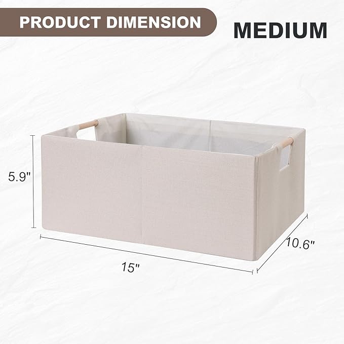 ANMINY 2PCS Storage Baskets for Organizing Collapsible Fabric Storage Bins Boxes with Wood Handles Closet Shelves Cube Organizer Bins Clothes Laundry Storage Container - Medium, Beige-NeatNest