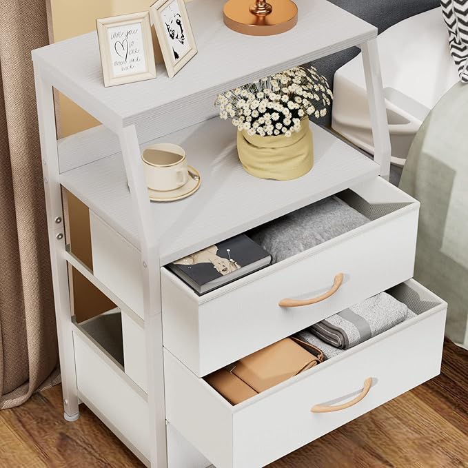 Furnulem White Nightstand with 3 Drawers and 2-Tier Shelf, Small Night Stand End Table Side Furniture, Fabric Storage Organizer for Bedroom, Closet, Hallway, Nursery, Sturdy Steel Frame, Wood Top-NeatNest