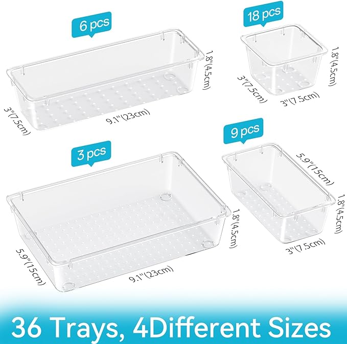 36 PCS Drawer Organizer Set, 4 Sizes Storage Drawer Units, Clear Plastic Makeup Vanity Organizer and Storage Bins for Makeup, Stationeries, Multiple Gadgets for Bathroom, Office, Bedroom-NeatNest