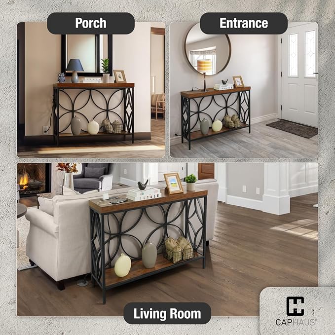 CAPHAUS 41” 2-Tier Industrial Sofa Console Thick Table w/Storage & Charging Station, Entrance Tableau w/ 2 Outlets, USB & Type-C Ports for Entryway, Living Room, Hallway, Foyer, Rustic, Butterfly-NeatNest