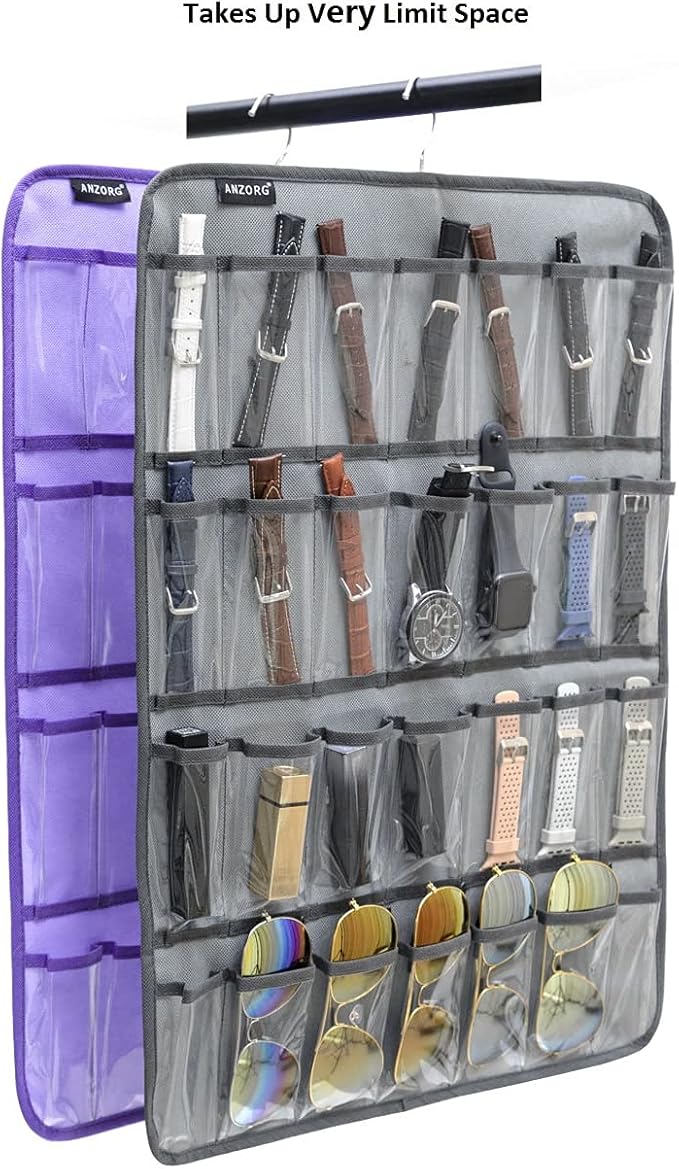 Hanging Watch Band Organizer Watch Bands Straps Accessories Holder Watches Storage Display Case with 28 Clear Pockets (GREY)-NeatNest