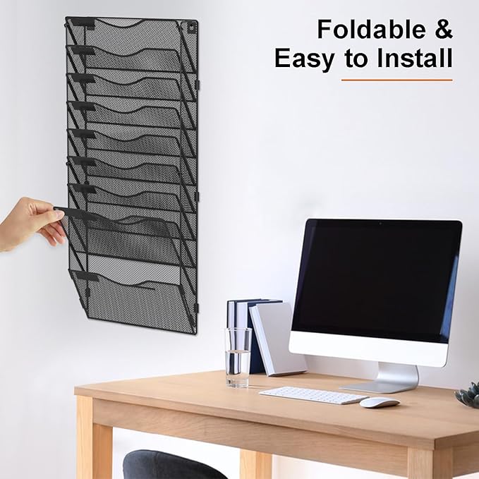 10 Pocket Mesh Hanging Wall File Organizer, Wall Mounted Mail Paper Document Folder Holder, Foldable File Folder Organizer with Label Panel | 2 Hooks | Office Home School Organizer, Black